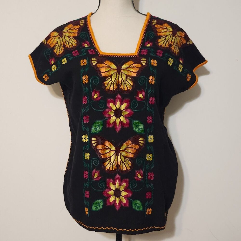 Mexican Needlepoint Huanango Michoacana Blusa Monarch Butterfly Top Sz L